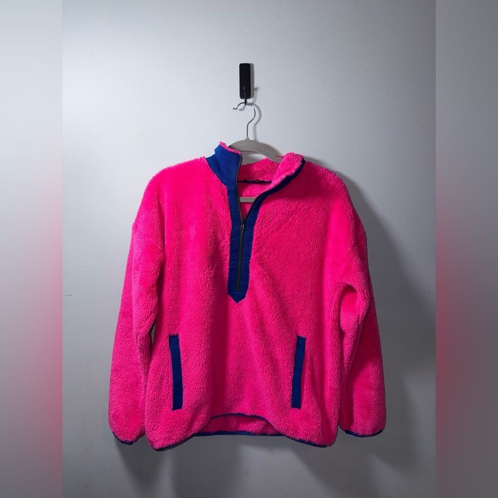 J.Crew Superplush sherpa half-zip pullover women’s bright pink size small EUC